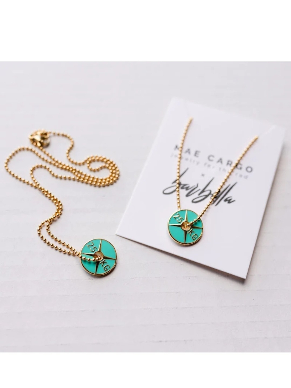 Cargo Gold Tone Necklace with Turquoise Enamel Disc Pendant